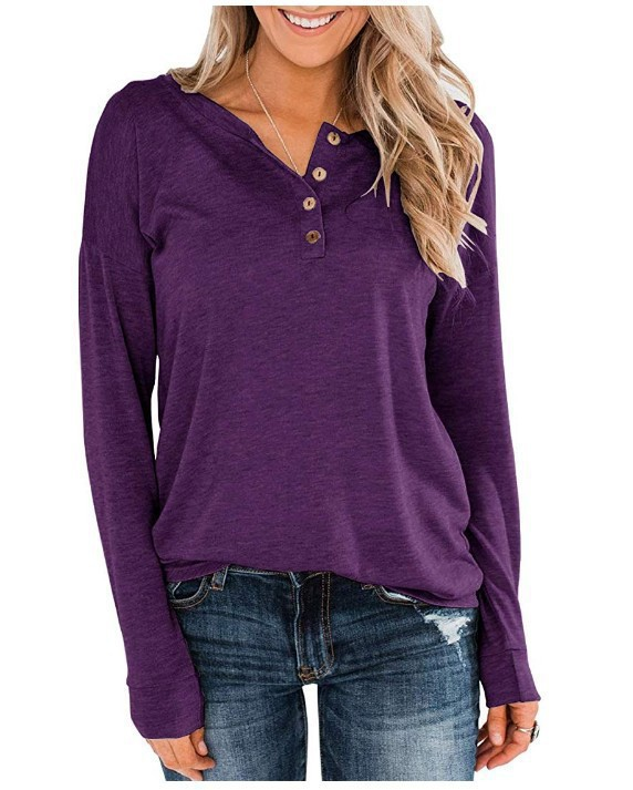Effen gebreide dames T-shirt met lange mouwen, ronde hals, pullover en knoopsluiting_voghion.com
