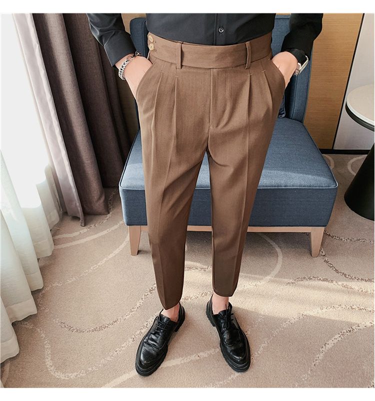 Pantaloni napoletani da uomo nuovi di zecca, in twill strutturato, con vita a pieghe, design casual a nove punte, vita media e alta_voghion.com