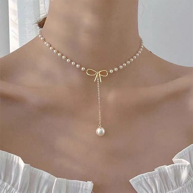 Lagervare pen sløyfe Rhie dusk perle anheng halskjede for kvinner delikat kragebeinkjede minimalistisk choker_voghion.com