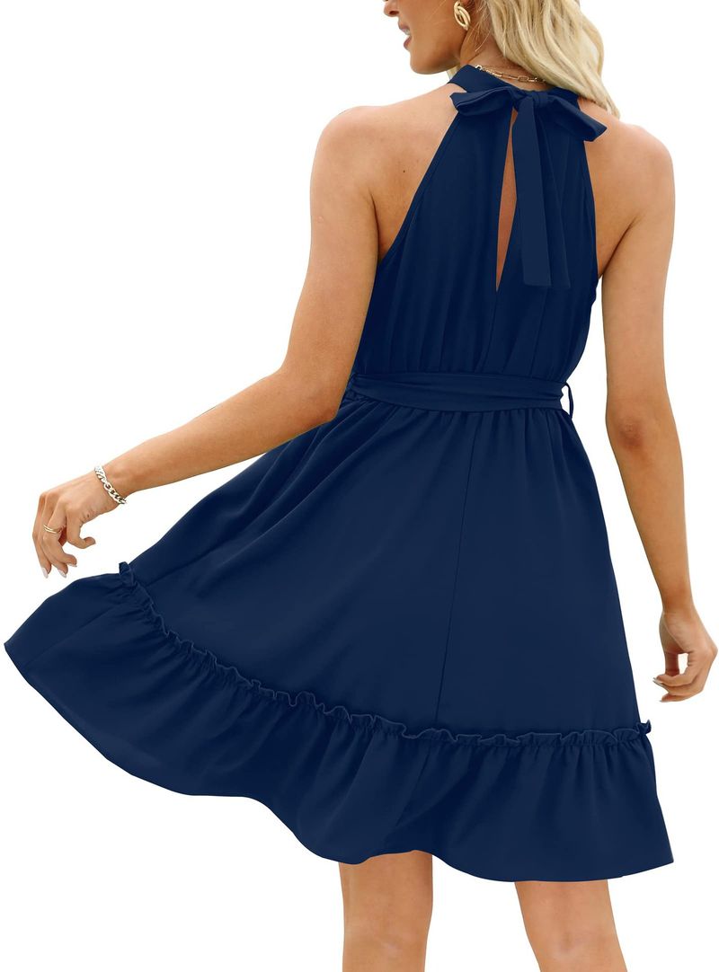 2023 Frühling und Sommer, A-Linien-Rock, Neckholder, florales Schnür-Tunika-Kleid mit offenem Rücken_voghion.com