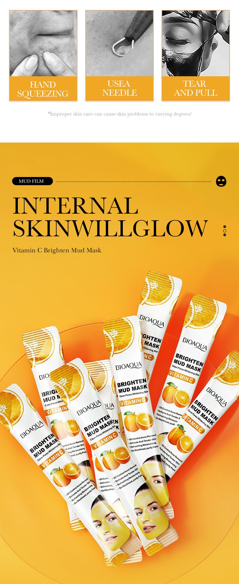 BIOAOUA Masque de boue éclaircissant à la vitamine C 8 g x 10 pièces Masque nettoyant en profondeur pour le contrôle du sébum Masque éclaircissant pour le teint_voghion.com