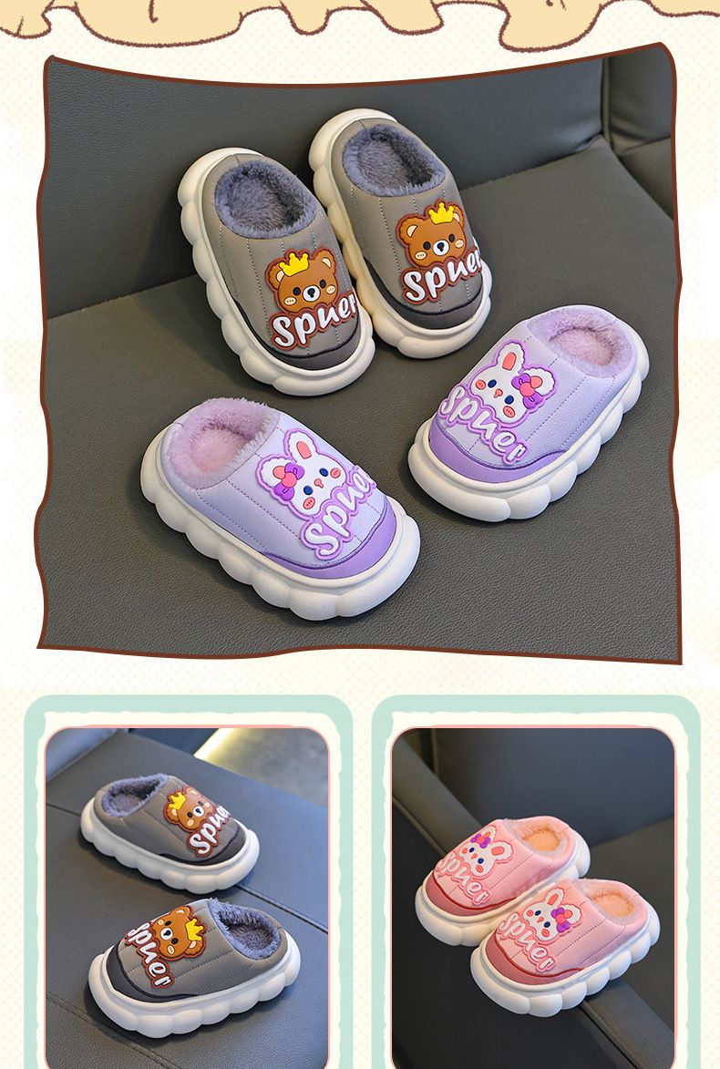 Winterpantoffels voor moeder en kinderen met fleecevoering, waterdicht PU-leer, antislipzool, unisex voor peuters tot grote kinderen, gezellig huis voor binnen en buiten_voghion.com