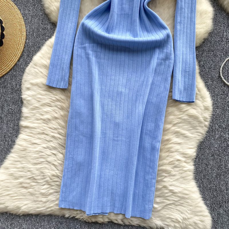 Vêtements pour femmes Robe tricotée rétro à revers simple boutonnage longueur taille minceur pull intérieur jupe mi-longue_voghion.com