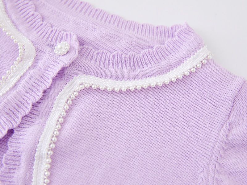 Cardigan en tricot de coton pour fille – Veste d'été légère avec bordure perlée (90-160 cm, blanc/rose/violet, sécurité classe B)_voghion.com