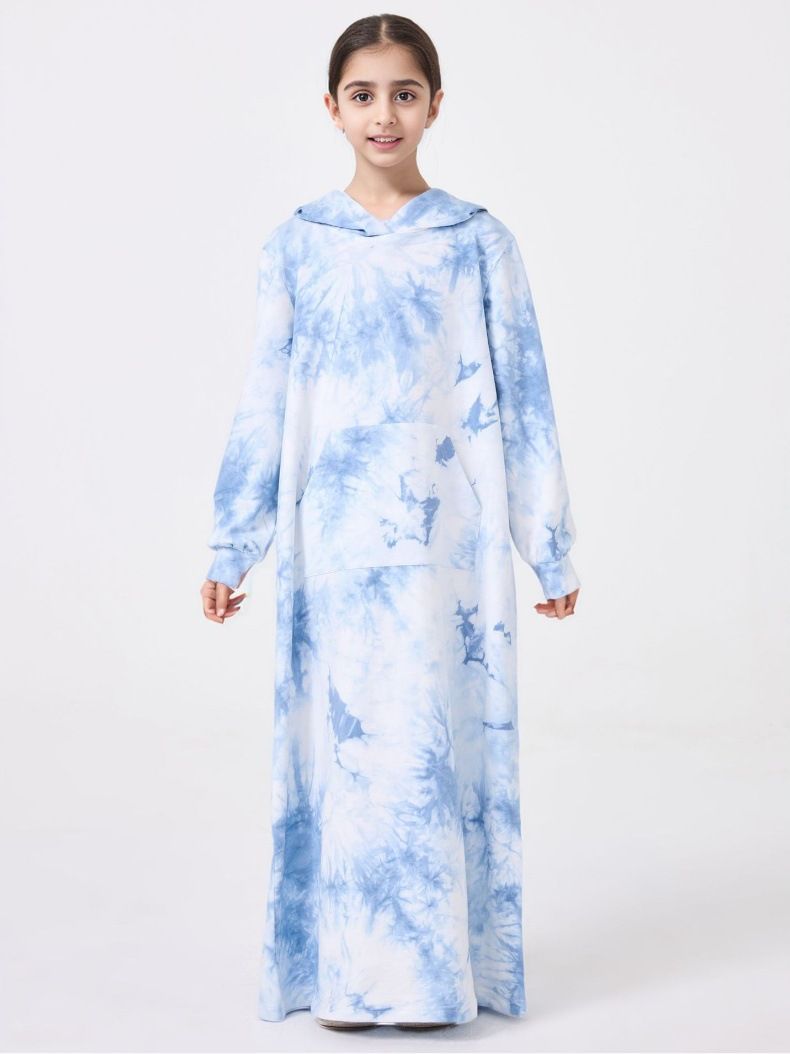 Abaya für Mädchen aus dem Nahen Osten, Batikmuster, mit Kapuze, Taschenpullover, Kleid, lockere Robe_voghion.com