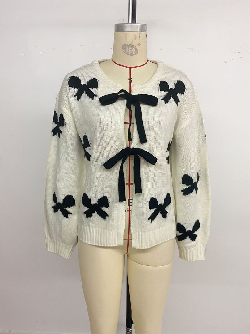 Cardigan en tricot pour femme avec nœud papillon – Pull ouvert élégant et stylé, mélange acrylique léger, coupe ample, manches longues (crème)_voghion.com