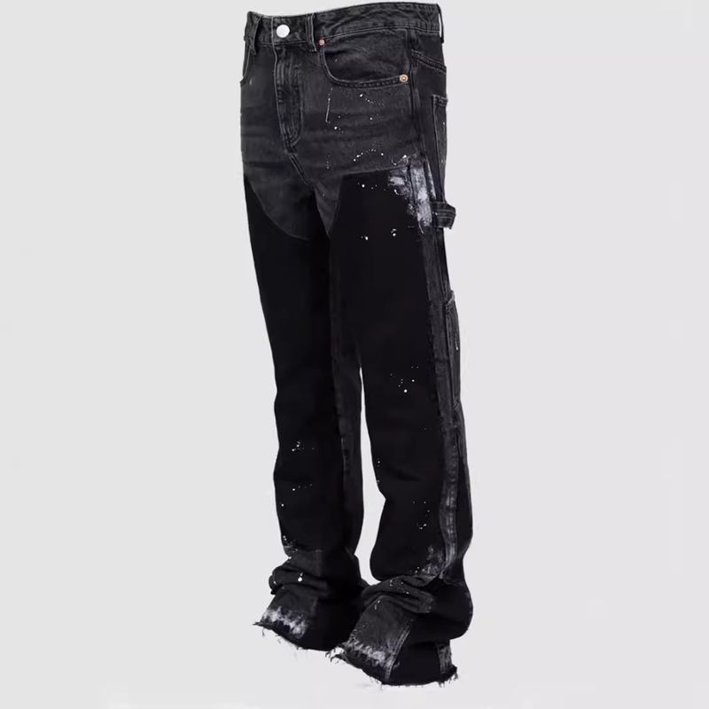 2025 Men's Fashionable Ins Workwear Elastic Patch Denim Layered Flared Pants_voghion.com
