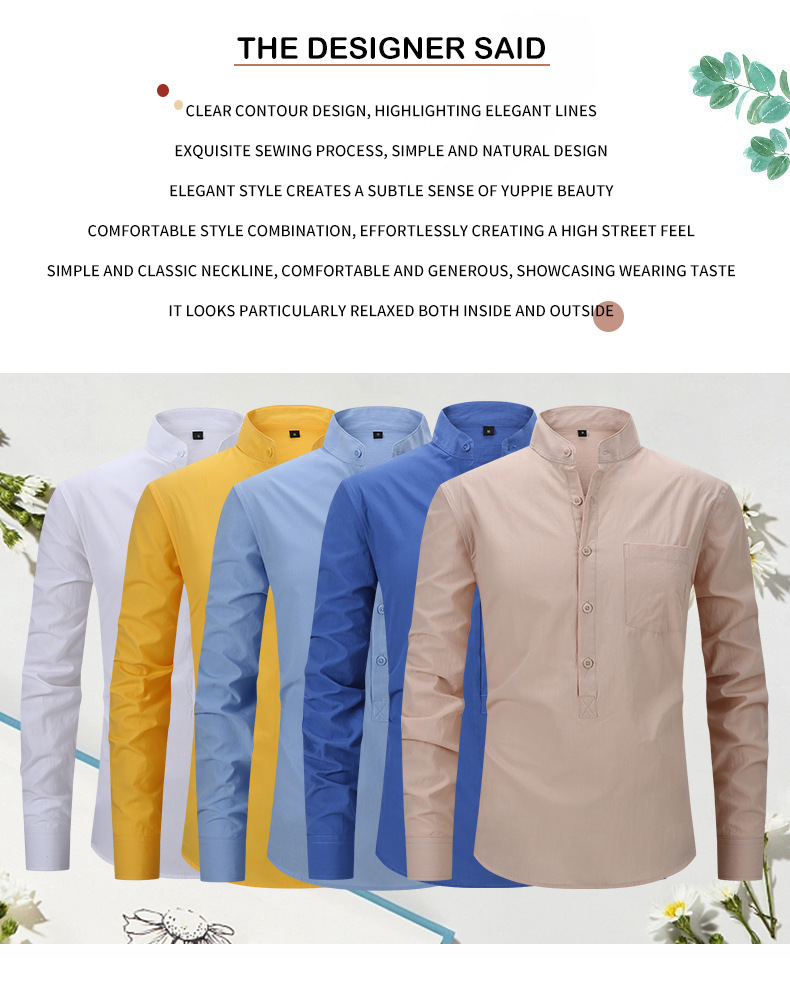 Abbigliamento Uomo Camicia Camicia Henry in cotone da uomo Camicia in lino con collo alto Camicia a maniche lunghe da uomo_voghion.com