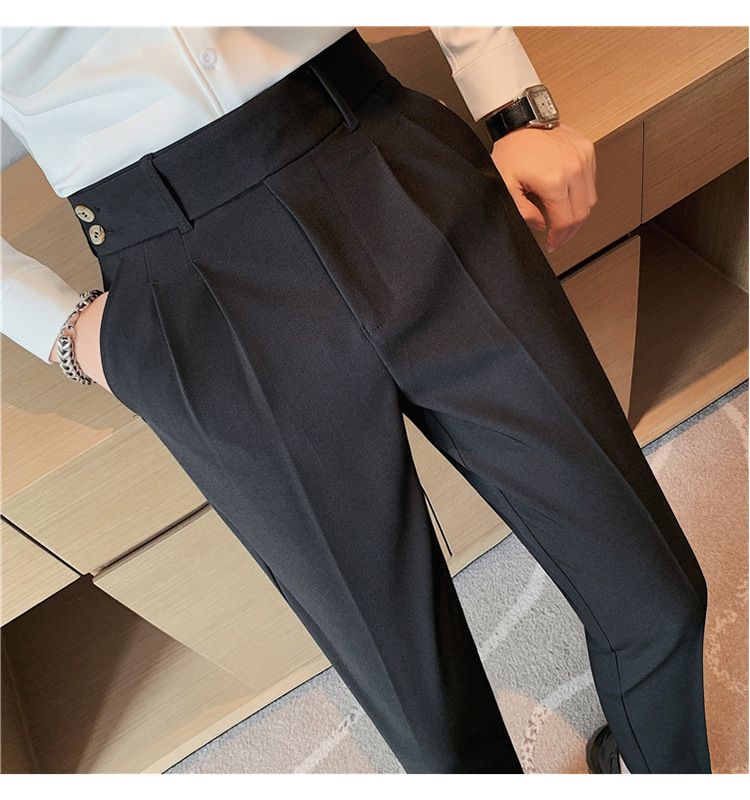 Pantaloni napoletani da uomo nuovi di zecca, in twill strutturato, con vita a pieghe, design casual a nove punte, vita media e alta_voghion.com