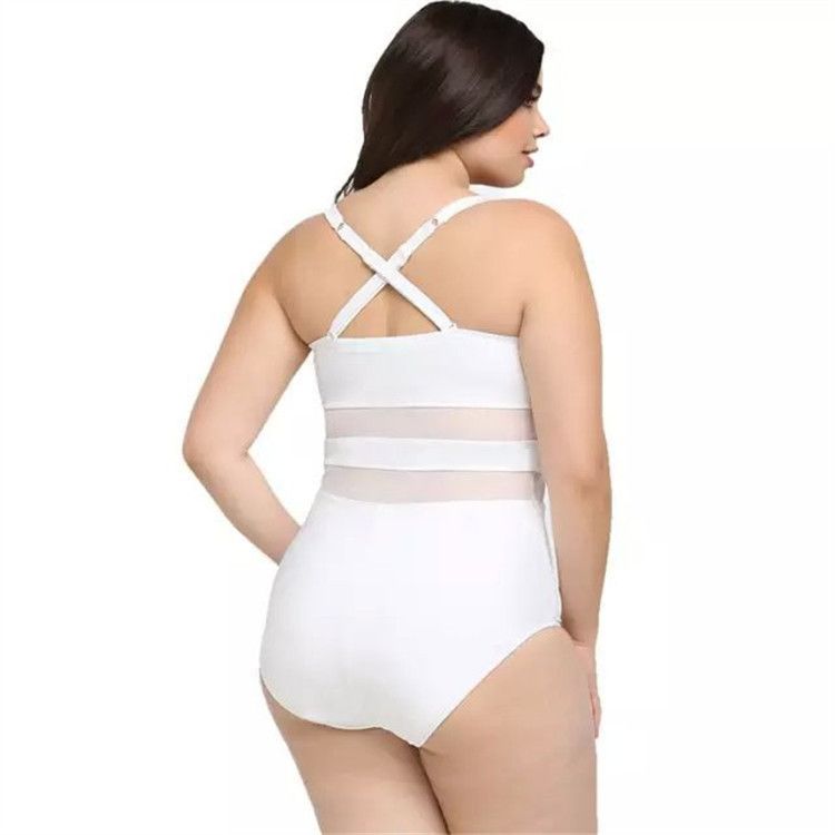Traje de baño de una pieza de talla grande para mujer: bikini de malla sin espalda con soporte de acero, talla grande, diseño de color liso._voghion.com