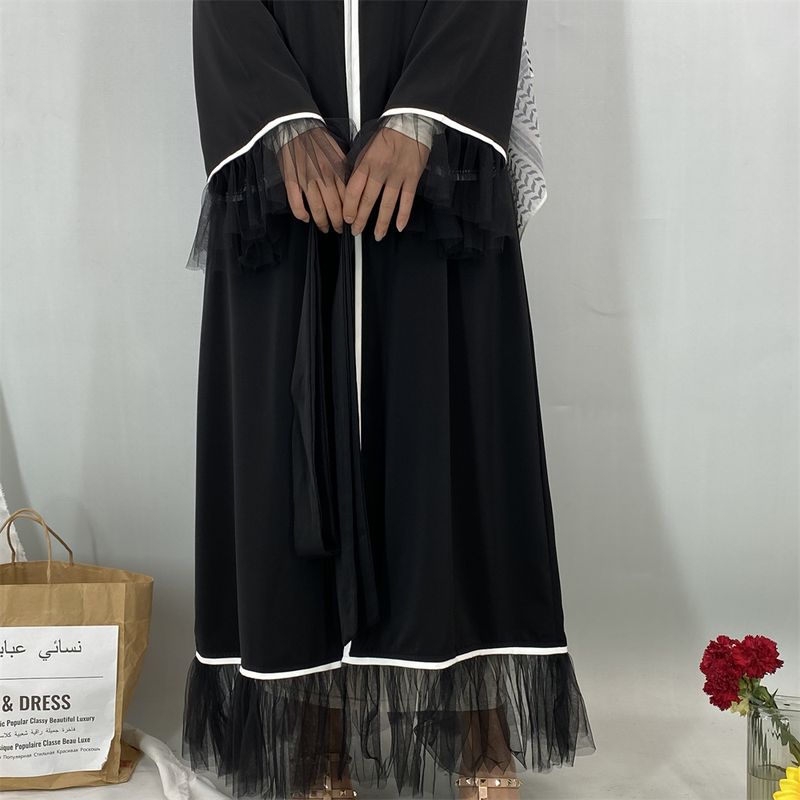 Neue Mesh-Ärmel Saum Moslemisches Abaya Eid Lange Kleider Schwarz Weiß Rand Kaftan Kaftan Marocain Femme Mode Bescheidene Frauen Kleidung_voghion.com