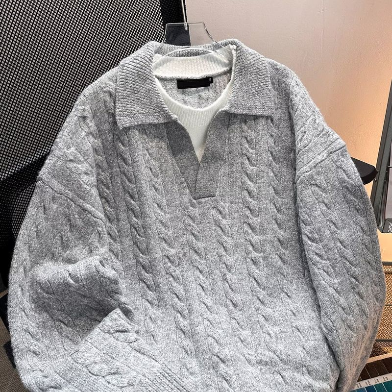 Herren-Pullover im koreanischen Stil mit Stehkragen – Oversized-Strickoberteil mit langen Ärmeln (Atmungsaktiv, Farbblock-Design, S-XXXL, Minimalistisch-lässig)_voghion.com