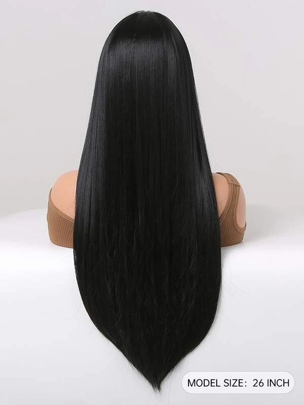 Črna dolga ravna sintetična lasulja za ženske, srednji del lasišča naravnega videza, polna lasulja 26 palcev, dnevna zabava_voghion.com