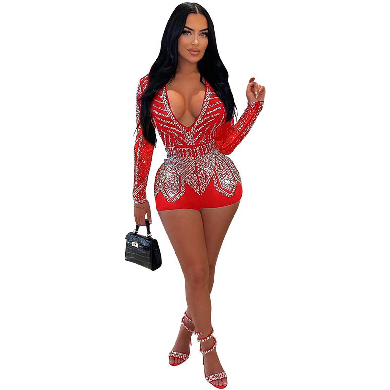 Women's clothing polyester mesh long-sleeved patchwork slim fit jumpsuit Fashionable European and American clothing_voghion.com