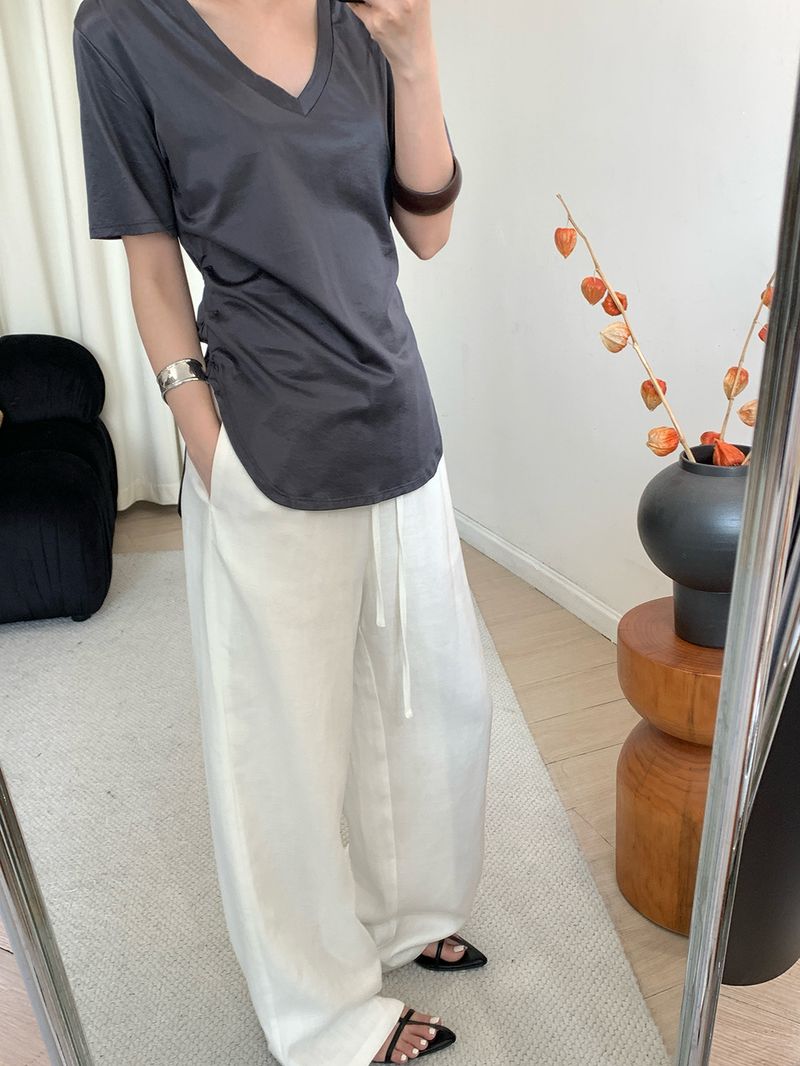 Atmungsaktive Hose aus Leinen-Baumwolle mit weitem Bein für Damen – Relaxed Fit Hose mit hoher Taille und geradem Bein und Kordelzug, lässige Loungewear für den Sommer in Weiß_voghion.com