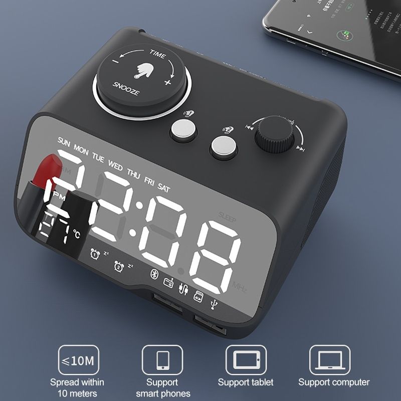 M9 bezvadu Bluetooth skaļrunis daudzfunkcionāls galda modinātājs atbalsta TF karti un U disku un AUX ASV spraudni (melns)_voghion.com