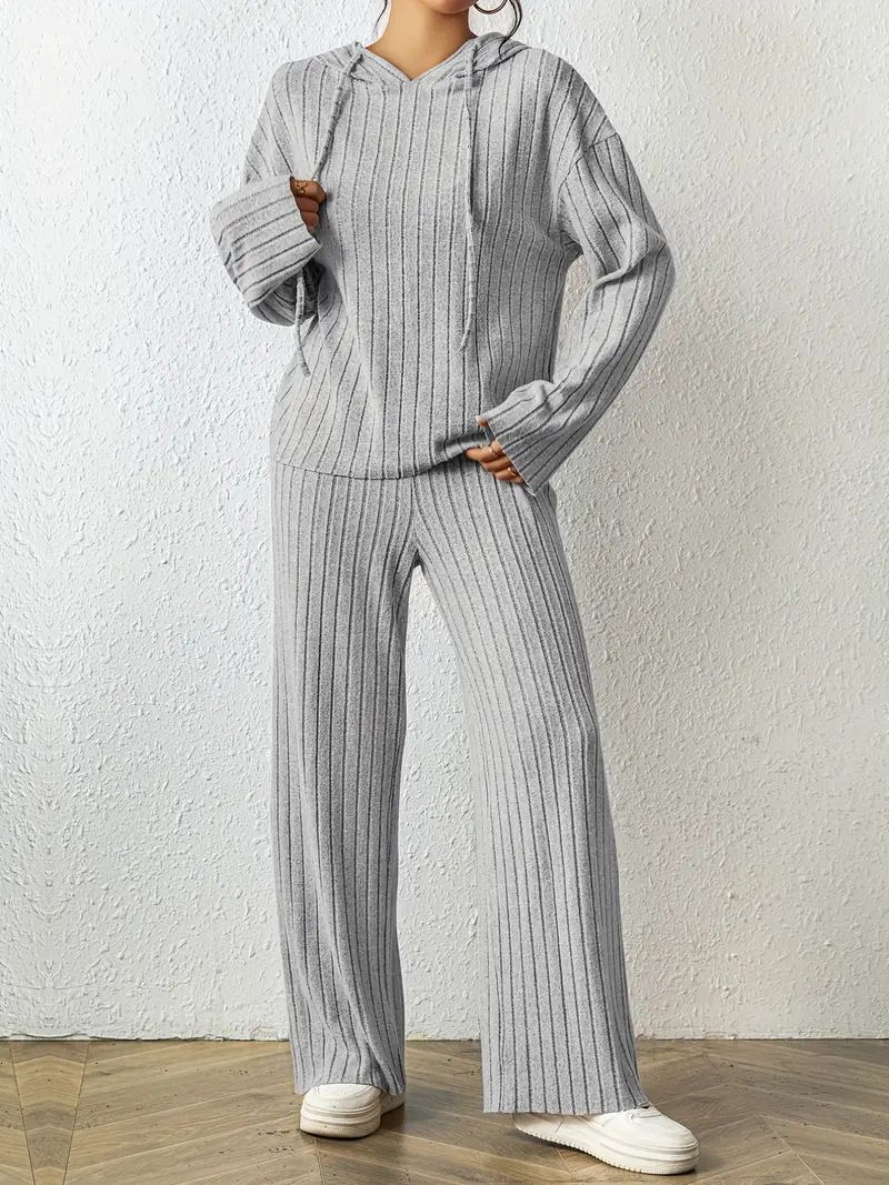 Ensemble élégant deux pièces à capuche et pantalon large pour femme, couleur unie, automne 2024_voghion.com