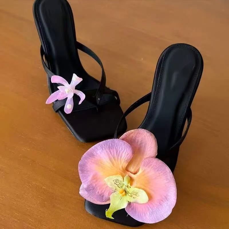 Women's Handmade Floral Sandals - Asymmetric Toe-Post Heels With Satin Straps, Elegant Thong Slides For Women_voghion.com