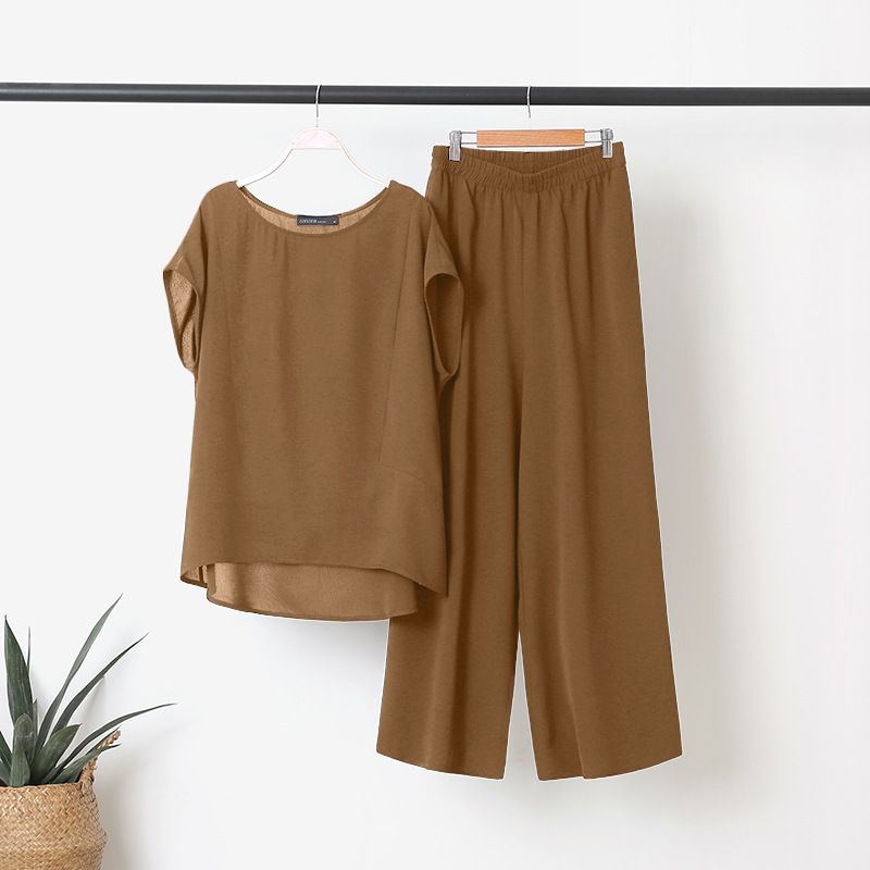 Ensemble 2 pièces pour femmes, chemise à manches courtes et pantalon large à la mode, vêtements de sport amples_voghion.com