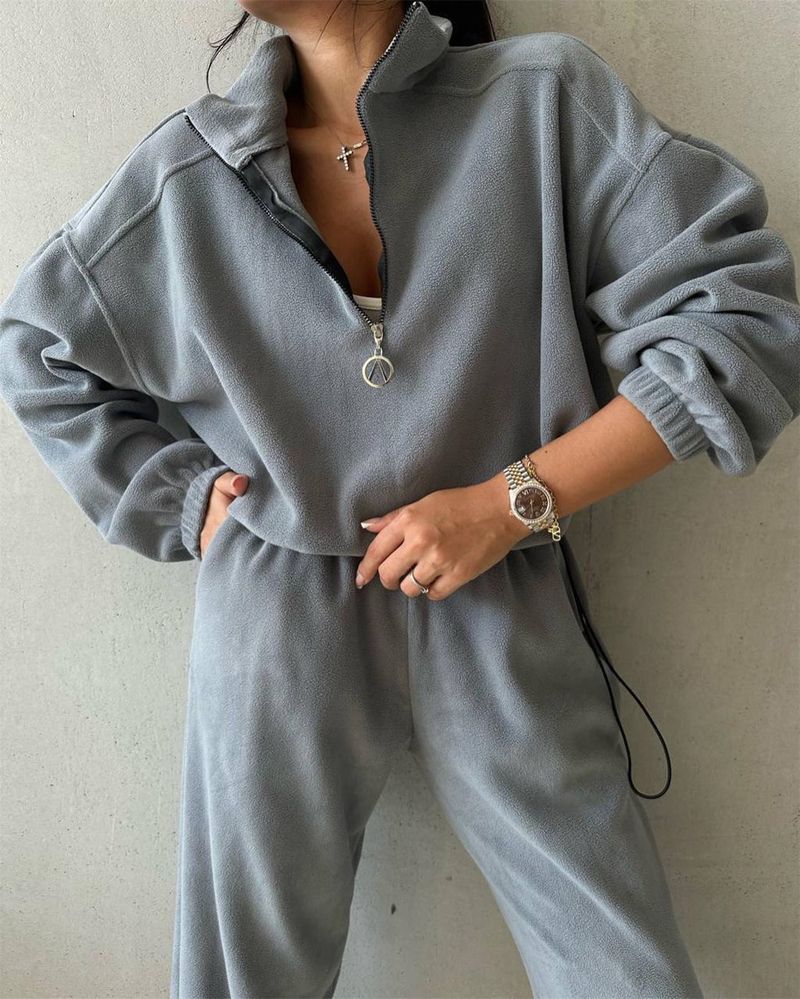 Abbigliamento da donna Felpa in pile polare Tuta Autunno e inverno Polo colletto Top Pantaloni casual Tuta due pezzi_voghion.com
