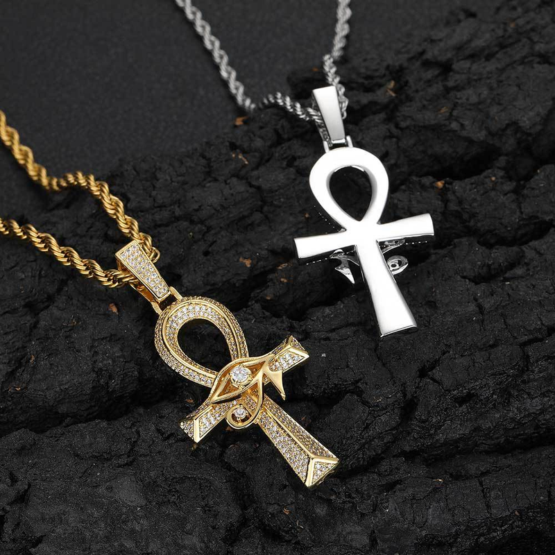 Hip Hop Oog van Horus Ankh Kruishanger Micro-inzet zirkoon retro persoonlijkheid kettingaccessoires_voghion.com