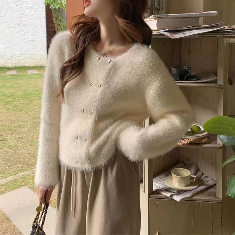 Französische Berühmtheit Kleine Duftende Nerz Strickjacke Damen Rundhalsausschnitt Einfarbig Zweireihiger Pullover Damen_voghion.com