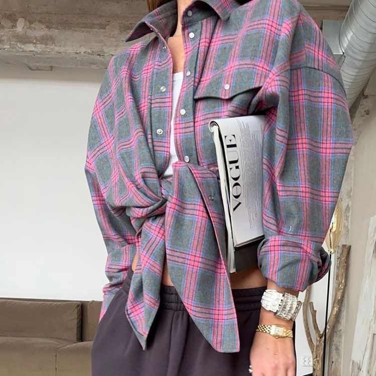 Camicia a quadri oversize autunno inverno donna vintage manica lunga moda bavero largo tasca camicia vestibilità camicetta stile coreano_voghion.com