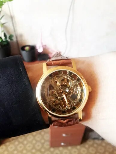 Winner, orologio da uomo con cassa dorata trasparente, design casual, cinturino in pelle marrone, orologio meccanico di lusso_voghion.com