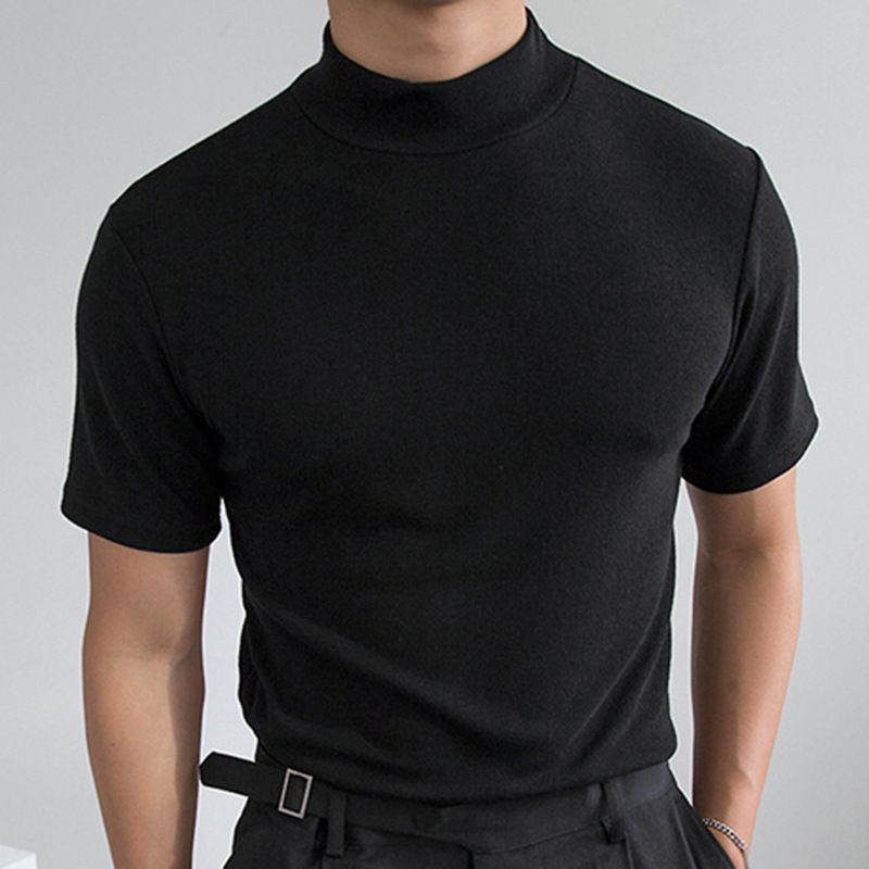2024 Sommer Neue Herren Enge Mode T-shirt High Neck Solid Kurzarm Unten_voghion.com