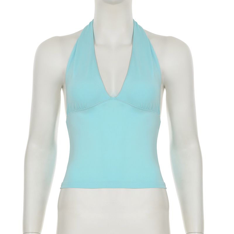 H Brand Abbigliamento da donna Stile americano Scollo a V profondo Colore unico Canotta con scollo all'americana Vita snellente Schiena scoperta con lacci_voghion.com