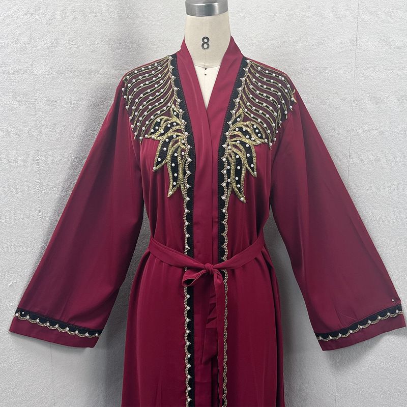 Stílusos és elegáns hímzett gyöngyös kardigán muszlim Abaya_voghion.com