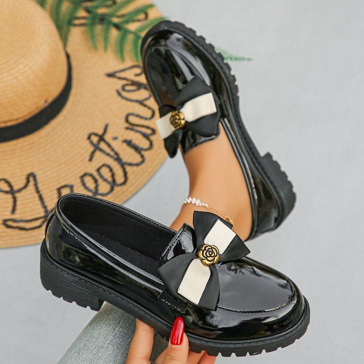 Platform Slip-on Low Top Single Shoes New Women's Thick Heel Bow Loafers_voghion.com