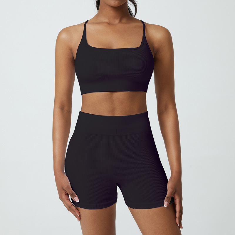 LazyZoom Threaded Fitness Running Sportswear Cyclisme Yoga Vêtements Sport Sous-vêtements Ensemble Deux Pièces_voghion.com