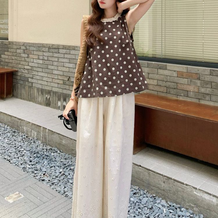 Gilet coreano a pois con scollo rotondo e volant per donna, estivo, nuovo, stile pigro, ampio e snellente, senza maniche_voghion.com