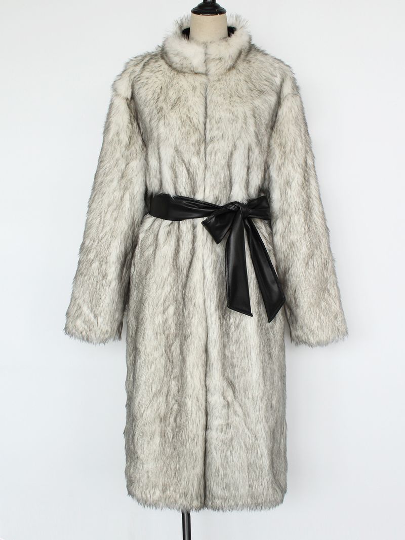 Damen-Kunstpelzmantel – Langer Plüsch-Trenchcoat mit Gürtel (S-XXXL, Schwarz/Polarfuchs, Eleganter Wintermantel)_voghion.com