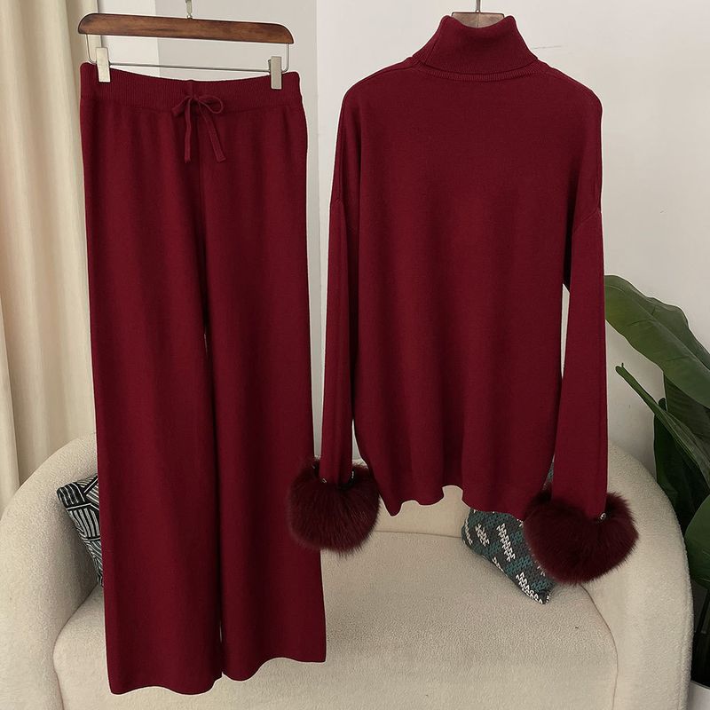 Ensemble en tricot avec poignets en fourrure de renard pour femme – Pull ample à col montant et pantalon large pour l'automne/hiver_voghion.com