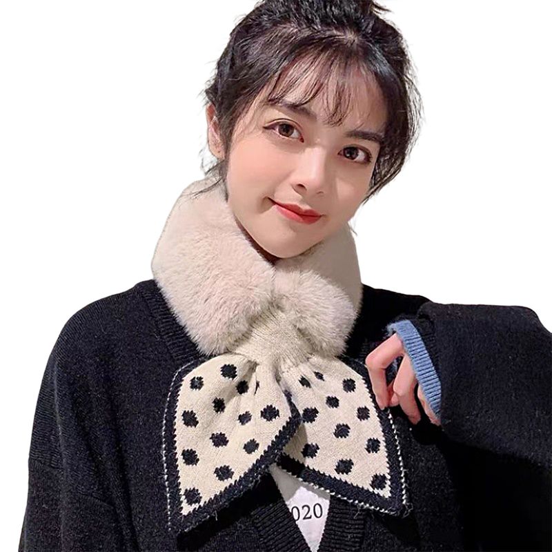Drivedirect Women Scarf Plush Dot Print Fishtail Knot Solid Color Cross Keep Warm Fish Tail Shape Thicken Rabbit Fur Collar Scarf for Outdoor_voghion.com