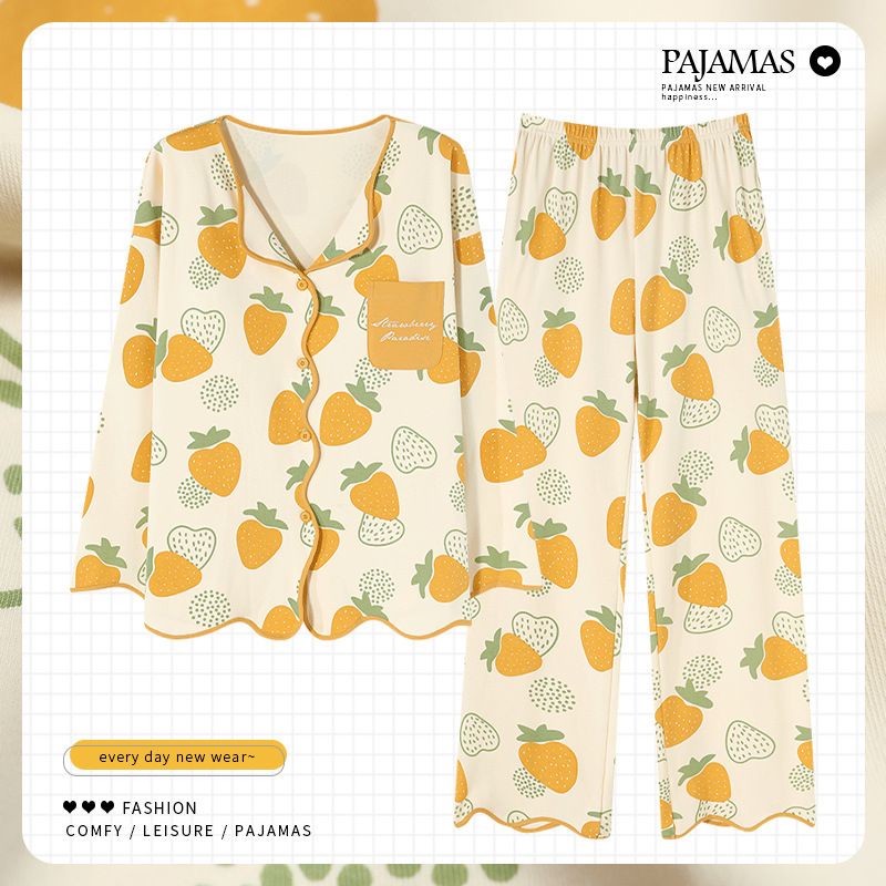 Pyjama printemps et été avec coussinets de poitrine, manches longues en pur coton, nouvelle collection 2024, femme automne fraise maison_voghion.com