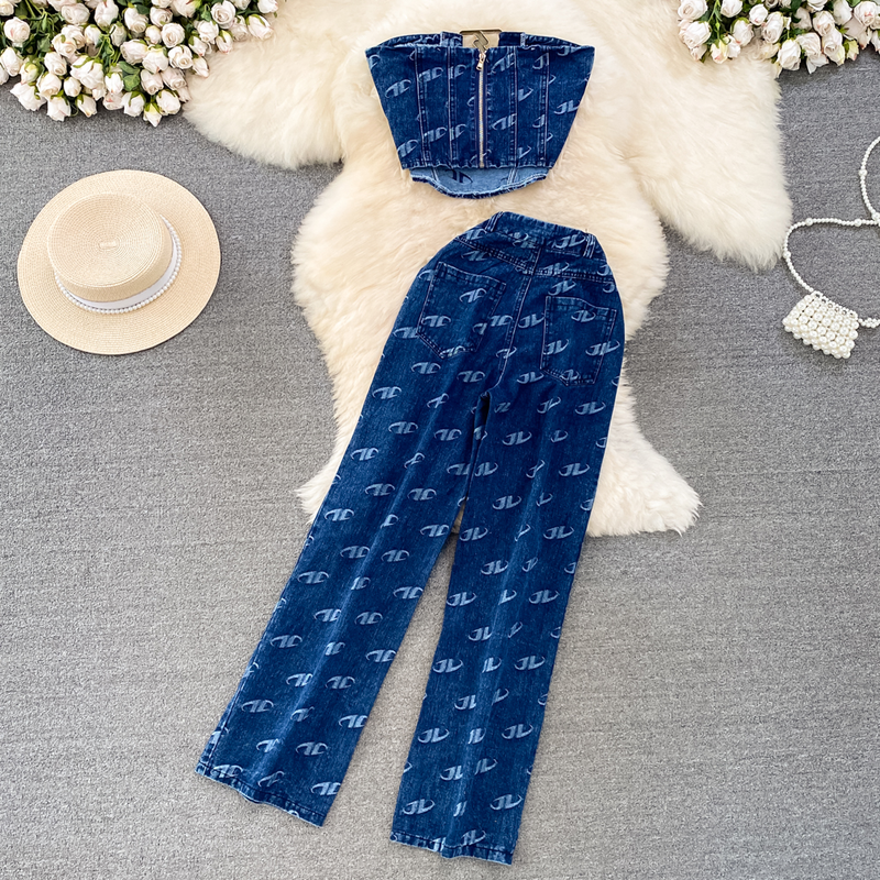 Roupas femininas Moda feminina Colete jeans sem alças Conjunto de duas peças de calças casuais de cintura alta e emagrecimento de perna reta_voghion.com