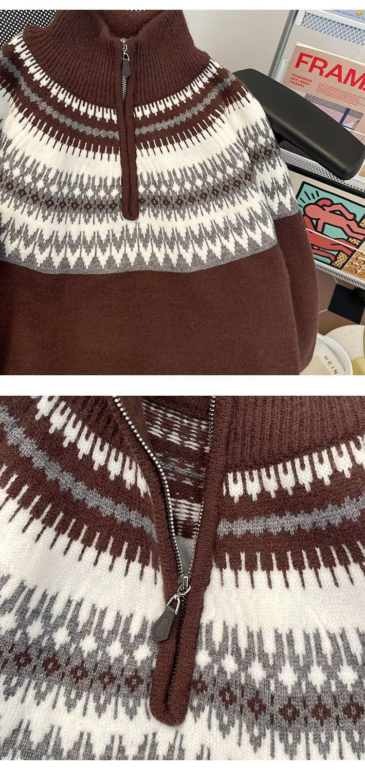 Vintage Fair Isle Wollpullover mit halbem Reißverschluss – gemütlicher Oversize-Strickpullover für Männer und Frauen, warme, lockere Passform, lässige Winterkleidung (Braun, Grau, Schwarz)_voghion.com