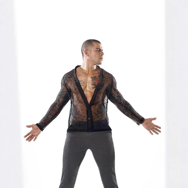 Polo a maniche lunghe con cardigan in rete trasparente tinta unita, casual, da uomo, estate 2024, di qualità imbattibile_voghion.com