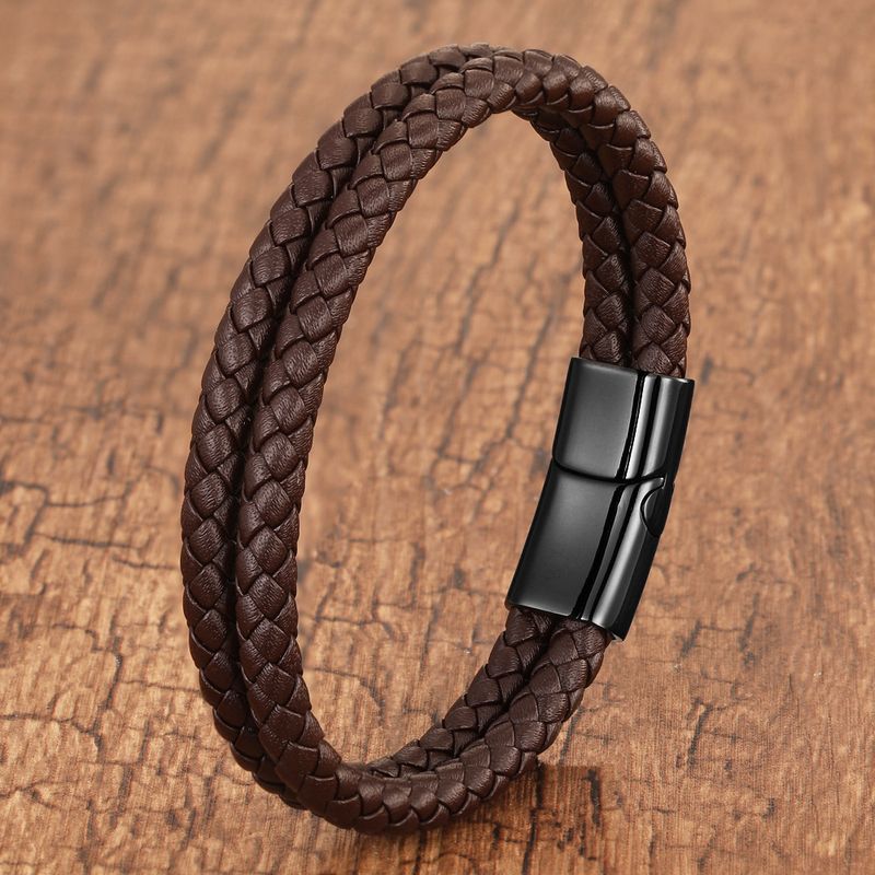 Bracelet en cuir tressé en acier inoxydable pour homme et femme – Bracelet minimaliste double couche pour un style décontracté et simple_voghion.com