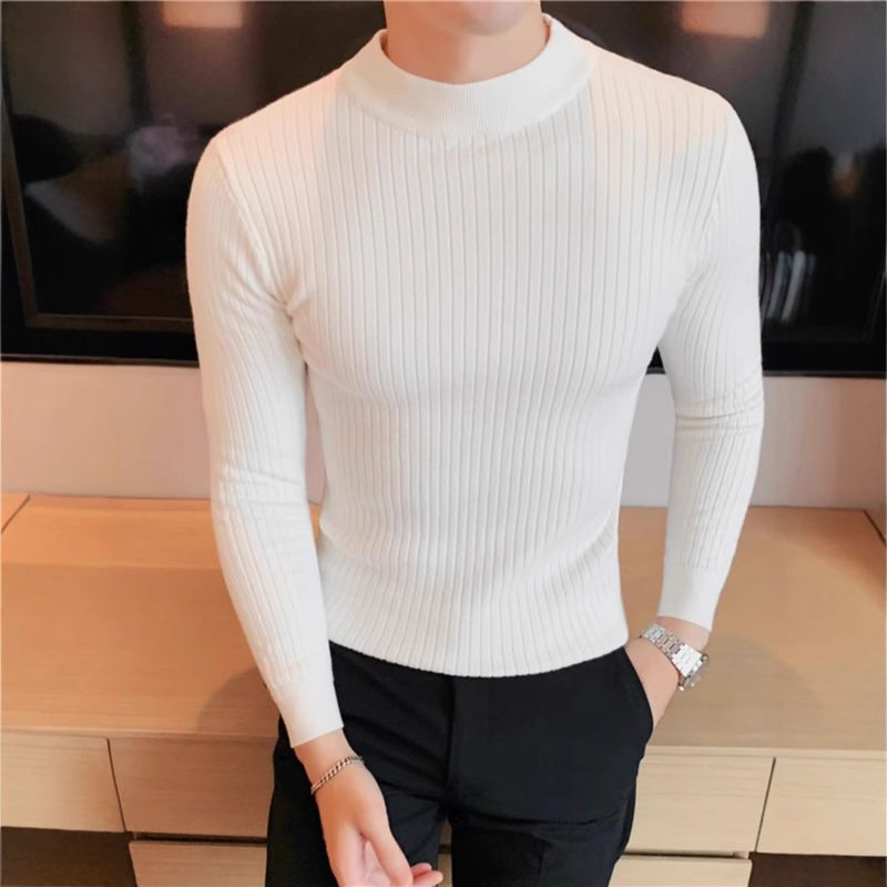 Nuovo maglione semi-alto da uomo, maglione lavorato a maglia a righe elastiche slim fit, maglione a tinta unita con collo medio per autunno e inverno_voghion.com