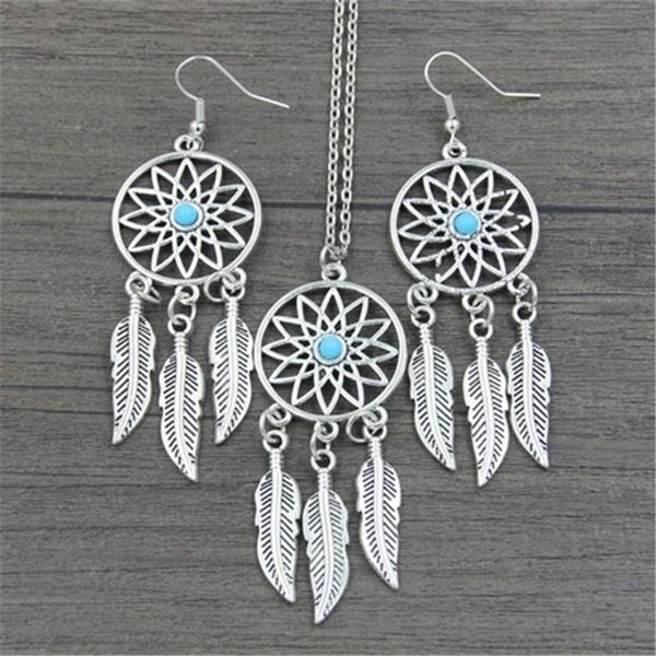 Kettingen 3 stuks/set Bohemian stijl hanger dromenvanger oorbellen veer ketting oorbellen_voghion.com