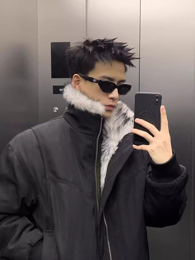 Herbstliche amerikanische Fliegerjacke mit Bergadler-Pelzkragen, gefüttert mit Baumwolle, Winterjacke mit dicker Verarbeitung_voghion.com