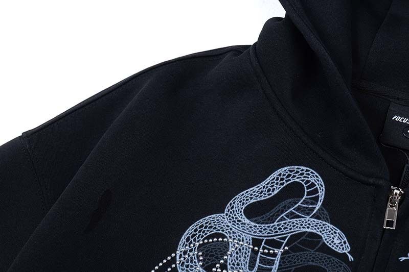 Retro-Kapuzenjacke mit Doppelschlangen-Print – Übergroßer Streetwear-Unisex-Reißverschluss mit Strass-Details | Vintage-inspiriertes Statement-Piece_voghion.com
