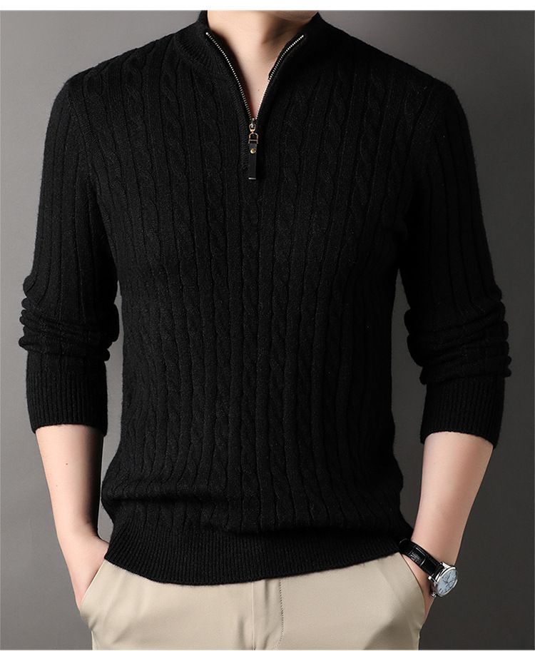 Herren-Strickpullover mit halbem Reißverschluss und Wollmischung, Winterpullover für lässigen & eleganten Style (Grau, M)_voghion.com