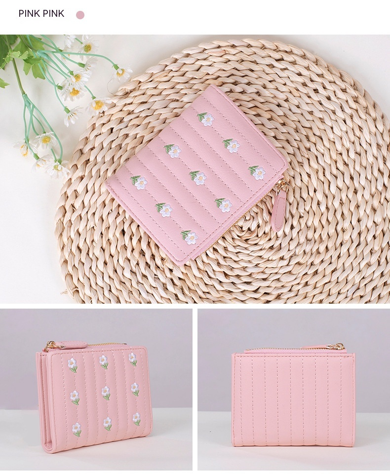 Kreatywna Nowa Moda Codzienna Uniwersalna Ładna Haftowana Damska Portfel Minimalistyczna Krótka Dwuwarstwowa Torba Na Karty Zmieniające_voghion.com