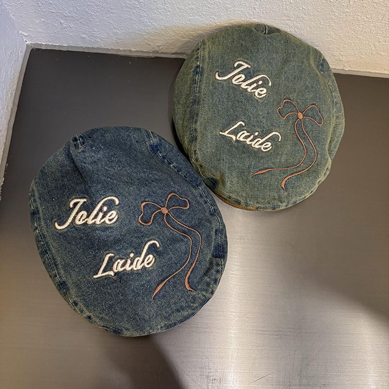 Damenhüte Retro Washed Denim Baskenmütze für Damen Neuer Stil Großer Kopfumfang Kleiner Vorwärtshut Schleifenknospenhut_voghion.com