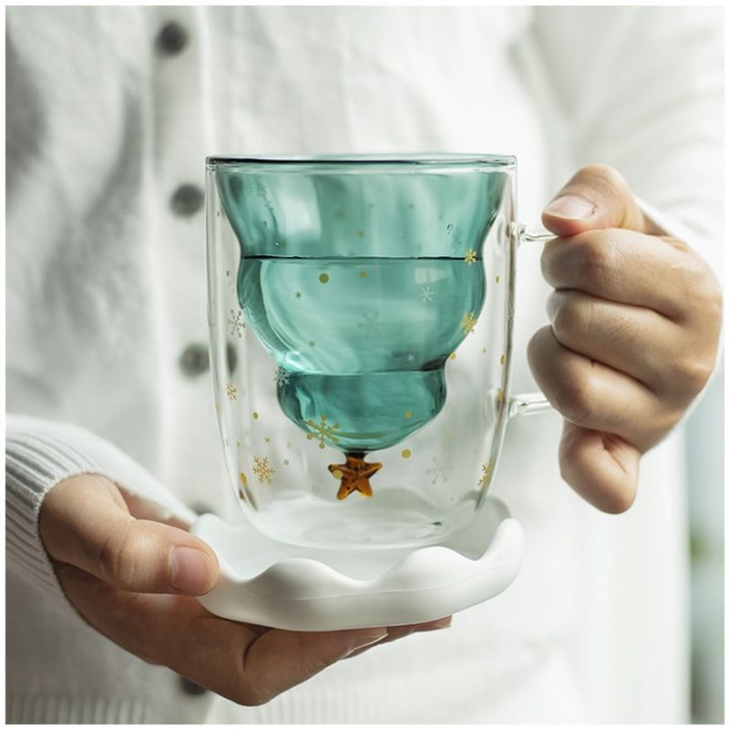 Tazza d'acqua a forma di stella di albero di Natale in vetro a doppio strato creativo da 300 ml Tazza isolante antideflagrante Regali di Natale Design Tazza d'acqua_voghion.com